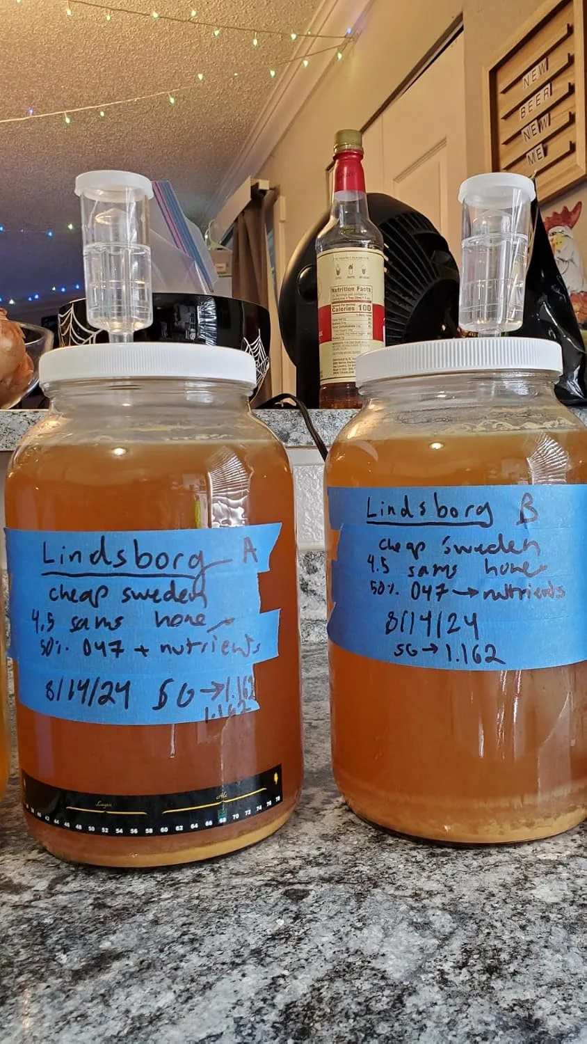 Customer photo of two glass fermentation jars containing amber liquid with handwritten labels on countertop